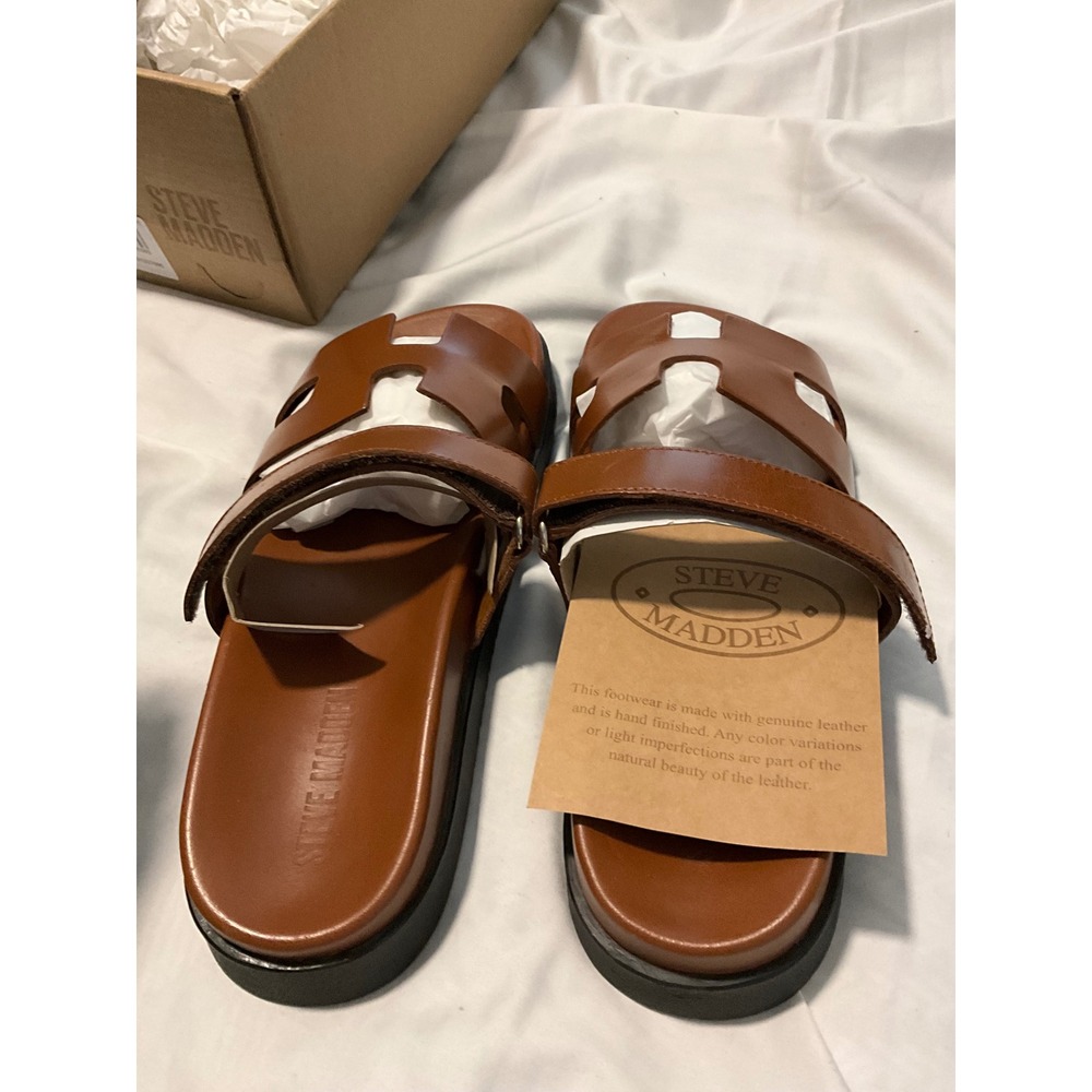 Steve Madden Mona Cognac Brown Leather H-Strap Platform Slide Sandals Womens 9.5